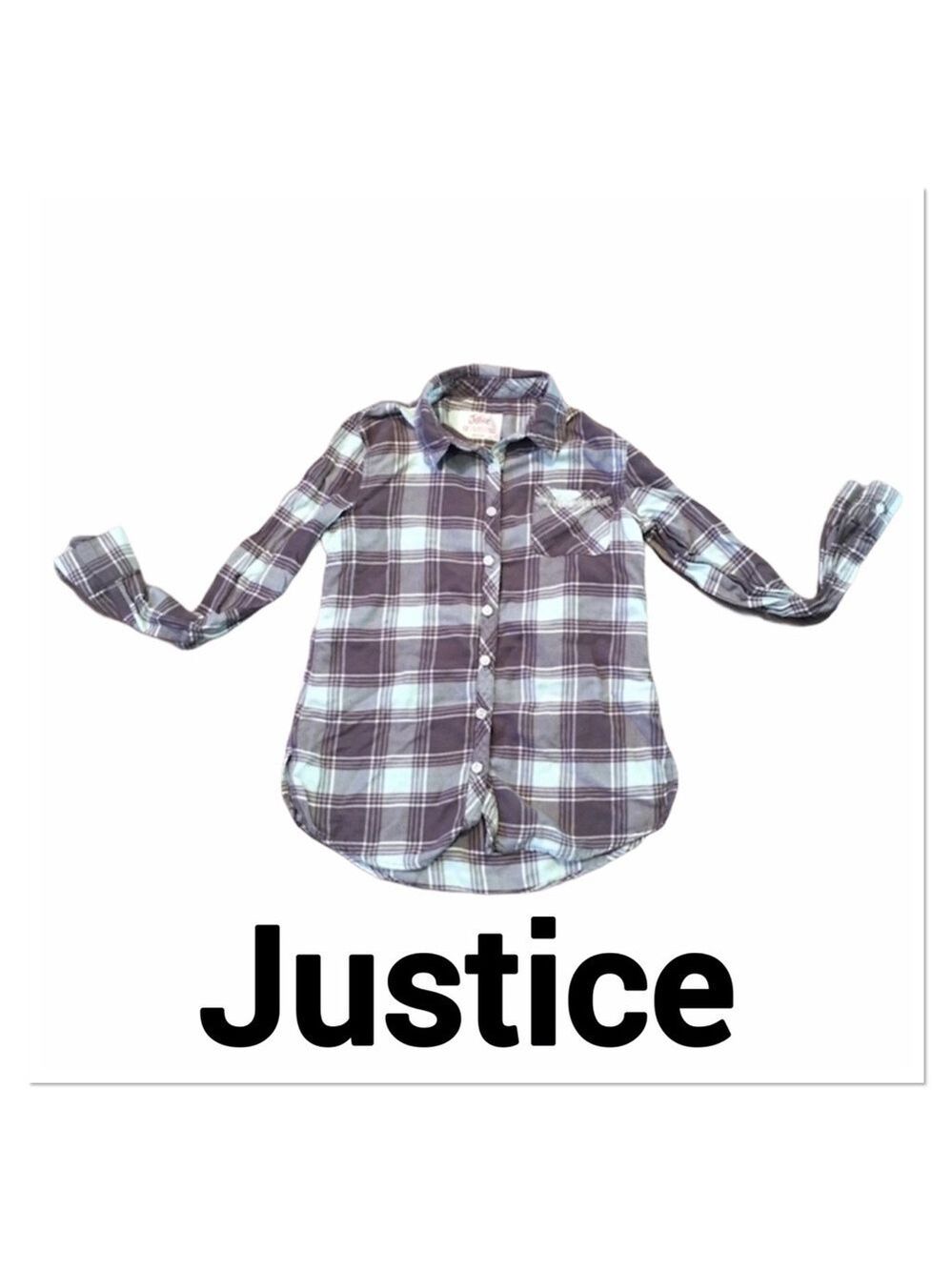 JUSTICE Flannel Mint & Gray Button Up Plaid Shirt 12